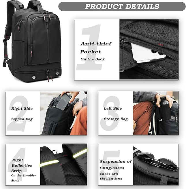 Somago 16 Inch Laptop Backpack Water Resistant Carry On Daypack Backpack Anti Theft Travel Rucksack Backpack with Shoe Compartment Shoulder Strap for Men Women, 33L (Black)