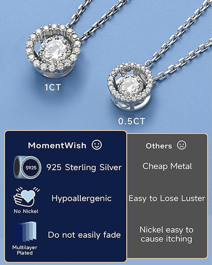 MomentWish Floating Necklace for Women, 0.5/1 Carat Dancing Moissanite Necklace for Her 925 Sterling Silver Pendant Anniversary Birthday Christmas Gift for Wife Mom Girlfriend