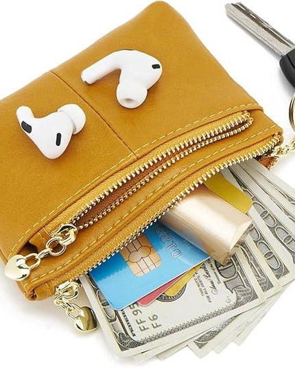 ZOOEASS Women PU Leather Zip Mini Coin Purse With Key Ring Triple Zipper Card Holder Wallet (Yellow)