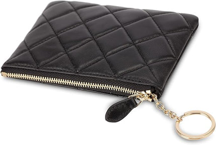 DORIS&JACKY Soft Lambskin Leather Coin Purse Small Quilted RFID Blocking Top Zipper Wallet With Key Chain