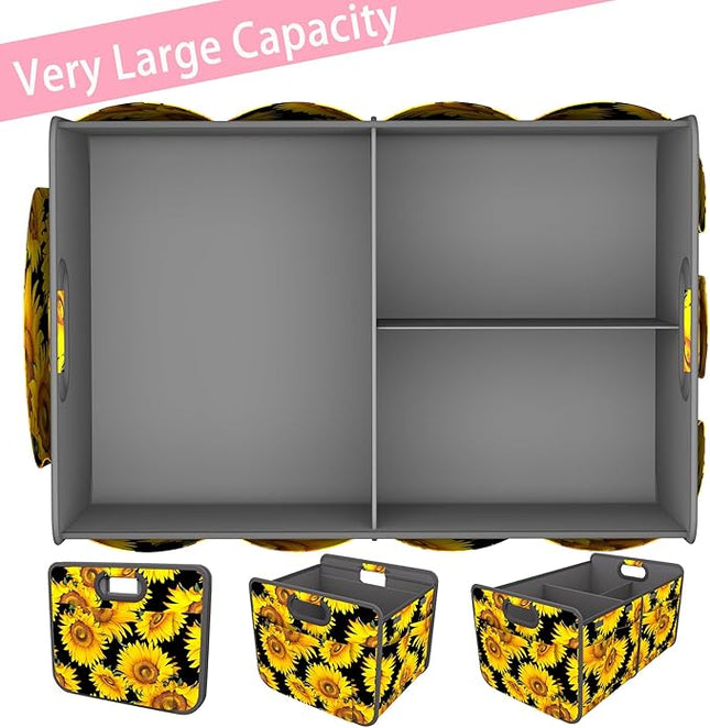 Homeve Trunk Organizer, Car Storage, Reinforced Handles, Collapsible Multi-Compartment, Foldable, Waterproof, Sturdy, 600D Oxford Polyester For Car, SUV, Mini-Van, Sunflower, 2 Compart