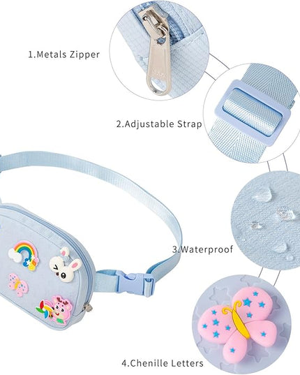 Cute Diy Pink Waist Fanny Pack for Girls, Crossbody Bag Purse Belt Bag,Dance Recital Birthday Gifts for 3 4 5 6 7 8 9 10 11 12 Year Old Kids.(916Blue)