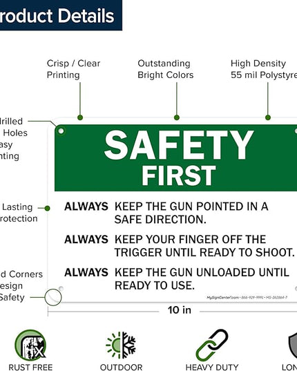 Safety First Always Keep The Gun Pointed In A Safe Direction Sign, 10x7 Inches, 55 mil thick HDPS (high density polystyrene), Made in USA by My Sign Center