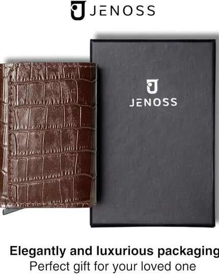 Jenoss Smart Wallet For Men: Full Grain Leather, Handcrafted, Slide Metal Pop Up Case, Slim RFID Blocking Credit Card Holder, Minimalist, Compact, 6-8 Cards Organizers, Front Pocket, Clip (Burgandy)