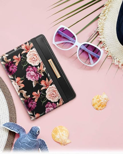 Passport Holder Cover Travel RFID Blocking Passport Cover Rose Gold Cute Flowers Passport Wallet with Elastic Band for Women