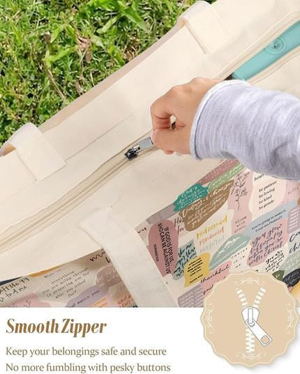 Large Tote Bag for Women - Aesthetic Cute Big Canvas Bags with Zipper Cotton Shoulder Bag for Gym, Travel, Work