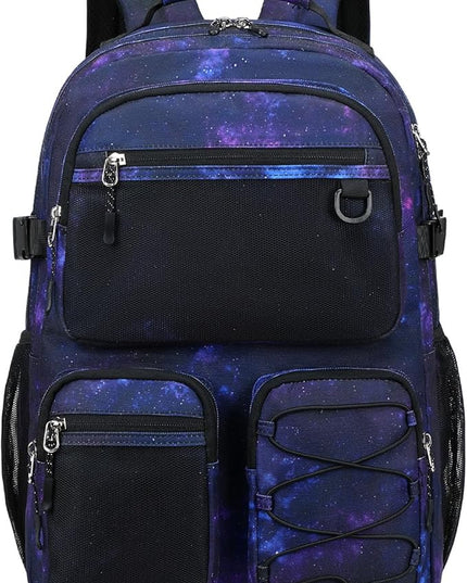 Lohol Multi-Pocket Backpack for Travel College, Heavy Duty Big Bookbag with 15.6 inch Laptop Compartment (Black Purple Galaxy