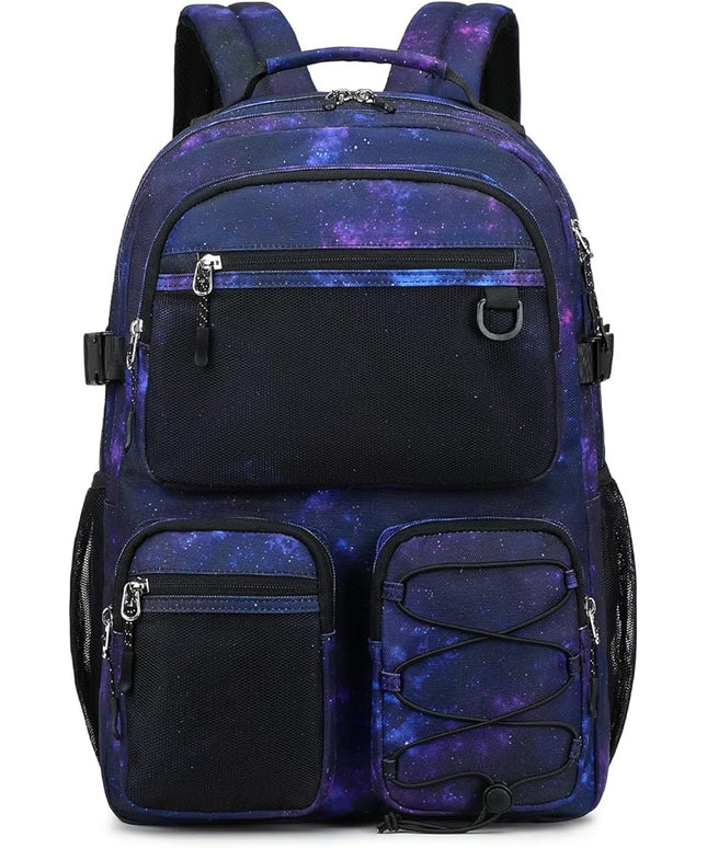 Lohol Multi-Pocket Backpack for Travel College, Heavy Duty Big Bookbag with 15.6 inch Laptop Compartment (Black Purple Galaxy