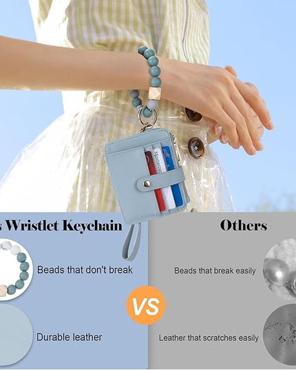 Keychain Wallet with Bracelet RFID Blocking Wristlet Credit Purse Card Holder, Silicone Bead Tassel Key Ring for Women