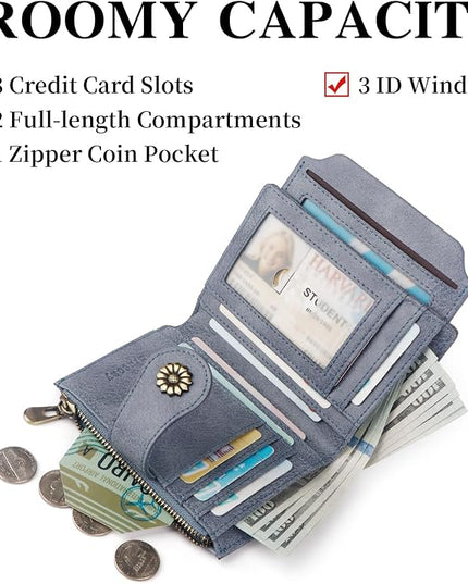 Blucoay Womens Wallet,RFID Blocking Wallet Women Soft Leather Bifold Small Wallets For Women Card Holder With Removable ID Window(greyblue)
