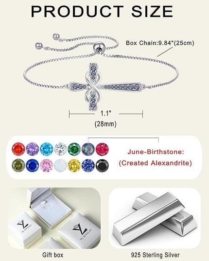 YL Cross Bracelet 925 Sterling Silver Infinity Sideways Link Bracelet Birthstone Jewelry for Women
