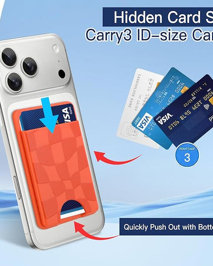 Stronger Magnetic Card Slot Wallet for iPhone 17/16/15/14/13/12 Series (Not for 13/12 Mini), Checkered Pattern Hard Card Holder Fit 3 Cards Compatible with Magsafe Accessories, Orange