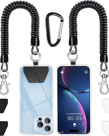 SHANSHUI Phone Lanyard Tether, Anti Theft Spring Phone Strap, 4 x Phone Pacthes & Climbing Hook Universal Phone Lanyard for Keys Outdoor Skiing Hiking Fishing Fitting for All Smartphones - 2PCS Black