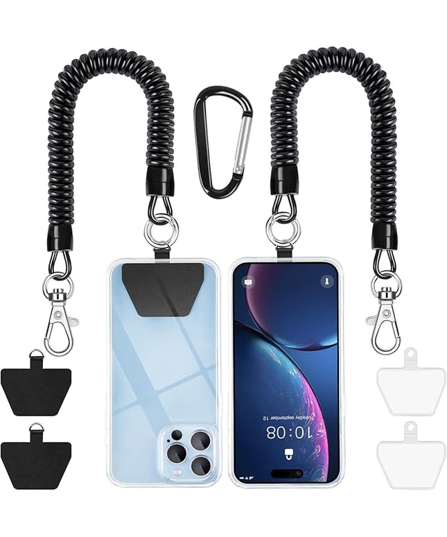 SHANSHUI Phone Lanyard Tether, Anti Theft Spring Phone Strap, 4 x Phone Pacthes & Climbing Hook Universal Phone Lanyard for Keys Outdoor Skiing Hiking Fishing Fitting for All Smartphones - 2PCS Black