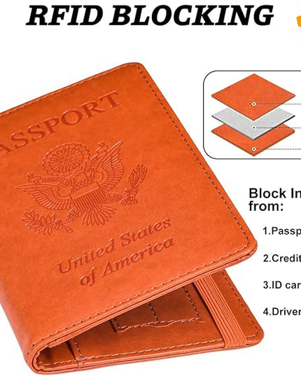 HerriaT Passport and Vaccine Card Holder Combo,Cover Case with CDC Vaccination Card Slot, Leather Travel Documents Organizer Protector, with RFID Blocking, for Women and Men