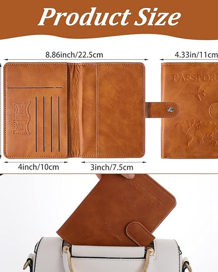 2PCS Passport Book Holder for Travel, Leather Passports Cover with Snap Closure, RFID Blocking Passport Holders Book Case Travel Wallet for Women Men, Airport Essentials Gift(Light Blue/Brown)