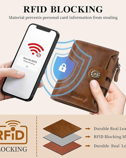 Blucoay Wallet Women,RFID Blocking Leather Womens Wallet Bifold Compact Card Holder Small Wallet for Women with Removable ID Window Darkbrown
