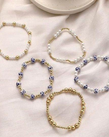 Gold Beaded Bracelets for Women, 14K Real Gold Plated Jewelry for Women Dainty Pearl Bead Bracelets Stack, Non Tarnish Trendy Stackable Ball Cross Stretch Bracelet Set Fashion Accessories Gifts