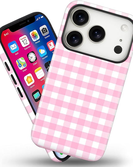 Magnetic for iPhone 17 Pro Max Case Cute Checkered Stripes Phone Case for Women Girls, Shockproof Slim TPU and Hard PC Protective Phone Cover Compatible with MagSafe Designed, Pink