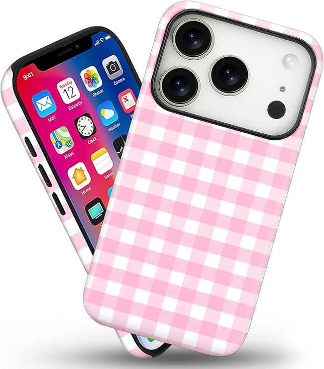 Magnetic for iPhone 17 Pro Max Case Cute Checkered Stripes Phone Case for Women Girls, Shockproof Slim TPU and Hard PC Protective Phone Cover Compatible with MagSafe Designed, Pink