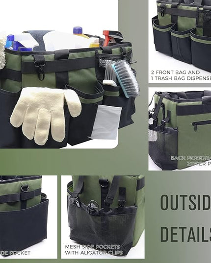 Wearable Cleaning Caddy Organizer with Handle & Shoulder Straps for Housekeepers, Under Sink & Car Cleaning Tool Organizer Bag with 4 Foldable Dividers (Green)
