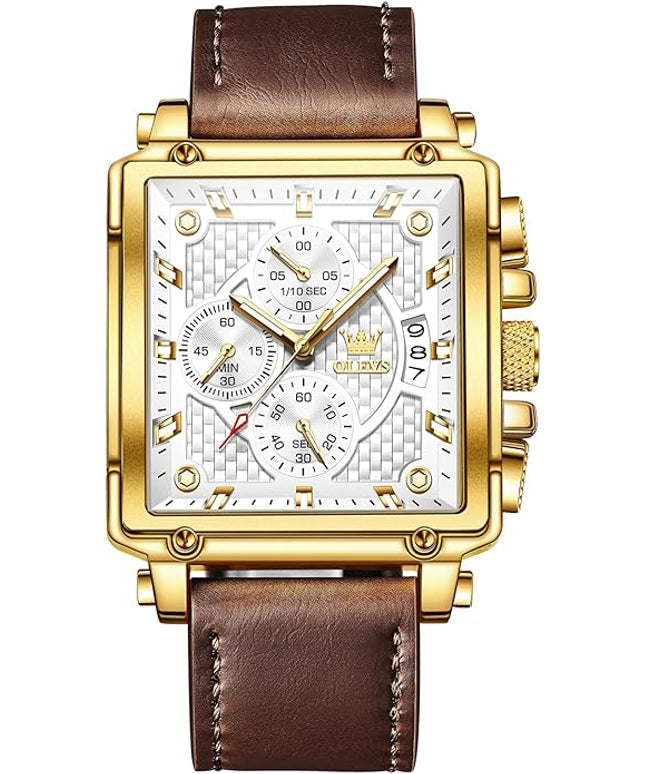 OLEVS Men's Chronograph Leather Watch, Big Face Easy to Read Analog Quartz Dress Watch, Casual Waterproof Luminous Hands Date Watches for Men, White/Blue/Black/Gold Dial