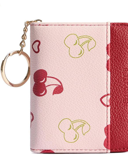 BOSTANTEN Credit Card Holder Wallet RFID Blocking Leather Small Wallet for Women Zipper Keychain Wallet with Wristlet Cherry Print