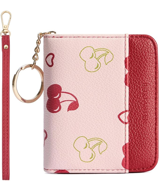 BOSTANTEN Credit Card Holder Wallet RFID Blocking Leather Small Wallet for Women Zipper Keychain Wallet with Wristlet Cherry Print