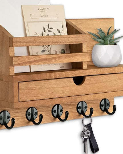 Lucundm Key Holder Wall Mount, Mail Holder with Storage Drawer and 5 Key Hooks for Coat, Dog Leash, Home Decor Rack, House Accessories, Entry Way Organizer (Wood)