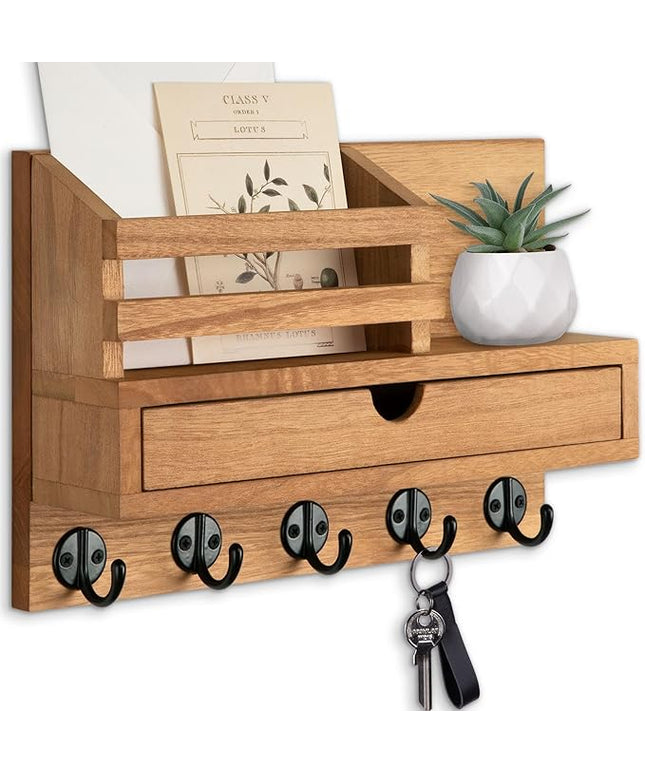 Lucundm Key Holder Wall Mount, Mail Holder with Storage Drawer and 5 Key Hooks for Coat, Dog Leash, Home Decor Rack, House Accessories, Entry Way Organizer (Wood)