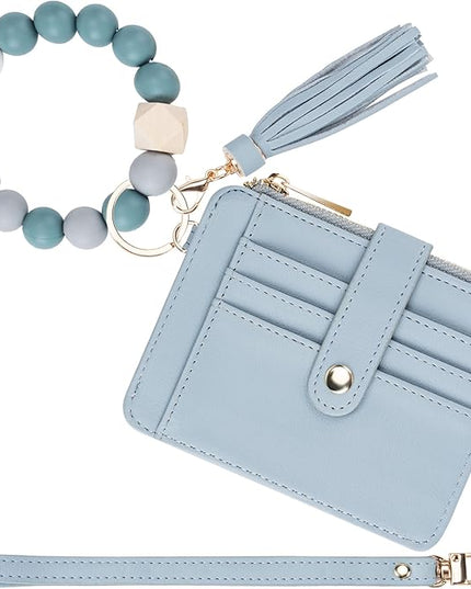 Keychain Wallet with Bracelet RFID Blocking Wristlet Credit Purse Card Holder, Silicone Bead Tassel Key Ring for Women