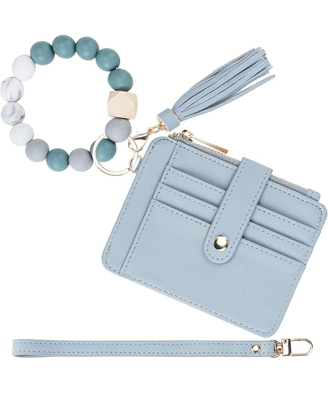 Keychain Wallet with Bracelet RFID Blocking Wristlet Credit Purse Card Holder, Silicone Bead Tassel Key Ring for Women