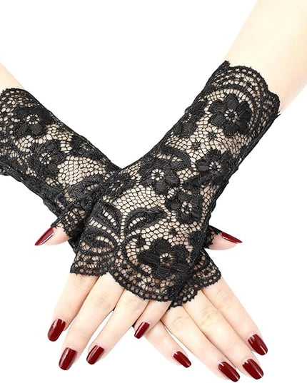 Women Fingerless Lace Gloves, Short Bridal Wrist Floral Lace Mittens Women Gloves for Wedding Opera Tea Party Cocktail Prom Cosplay Costume Accessories