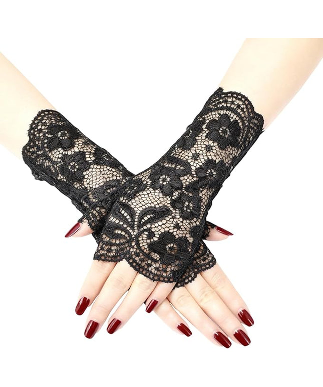 Women Fingerless Lace Gloves, Short Bridal Wrist Floral Lace Mittens Women Gloves for Wedding Opera Tea Party Cocktail Prom Cosplay Costume Accessories