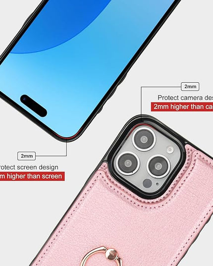 Folosu Compatible with iPhone 16 Pro Max Case Wallet with Card Holder, 360°Rotation Finger Ring Holder Kickstand, RFID Blocking Leather Protective Double Buttons Shockproof Cover 6.9 Inch Rose Gold