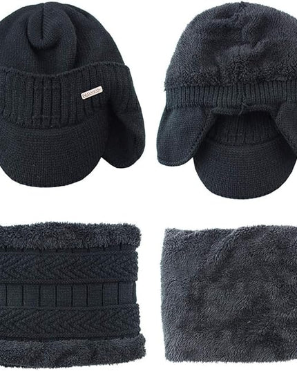 Winter Beanie w/Visor & Earflaps for Men Outdoor Fleece Hat Scarf Set