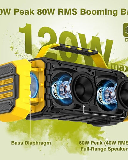 Portable Bluetooth Speaker 120W Peak 80W Wireless Speakers, TWS Pairing, Deep Bass, Hi-Fi Loud Speaker, IPX6 Waterproof, DSP Sound Boombox for Outdoor, Camping, Party, Beach