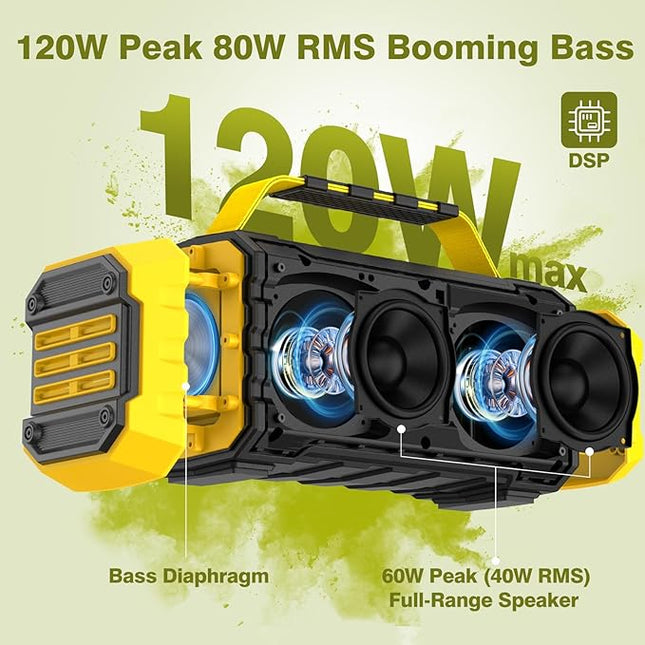 Portable Bluetooth Speaker 120W Peak 80W Wireless Speakers, TWS Pairing, Deep Bass, Hi-Fi Loud Speaker, IPX6 Waterproof, DSP Sound Boombox for Outdoor, Camping, Party, Beach