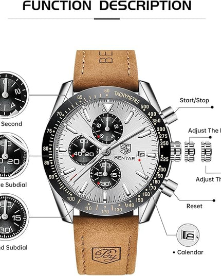 BY BENYAR Watch for Men Analog Quartz Chronograph Waterproof Luminous Designer Mens Wrist Watches Business Work Sport Casual Dress Watch with Silicone Strap Elegant Gifts for Men