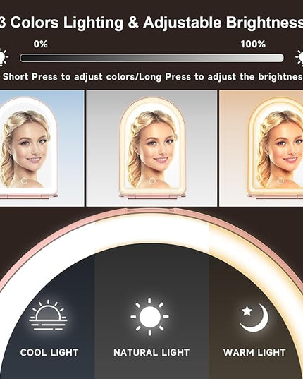 Mocado Travel Makeup Mirror with Light, 1x/10x Magnifying Mirror with Light, 3 Colors Lighted Magnifying Mirror, 2000mAh Rechargeable Lighted Makeup Mirror, Memory Function (Arched-Rose Gold)