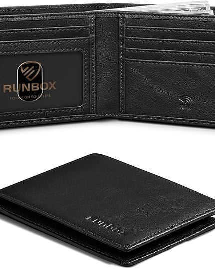 RUNBOX Wallet for Men Slim Leather Bifold RFID Blocking Minimalist Front Pocket Design with Gift Box