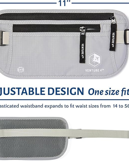 VENTURE 4TH Money Belt for Travel – Hidden Under-Clothes RFID Blocking Passport Holder & Slim Travel Wallet Pouch for Men & Women to Protect Cash, Cards & Documents (Silver)