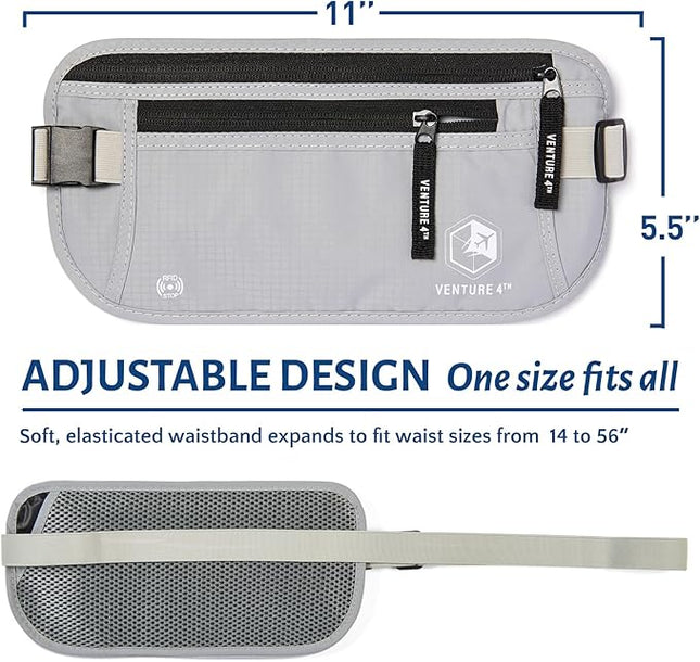 VENTURE 4TH Money Belt for Travel – Hidden Under-Clothes RFID Blocking Passport Holder & Slim Travel Wallet Pouch for Men & Women to Protect Cash, Cards & Documents (Silver)