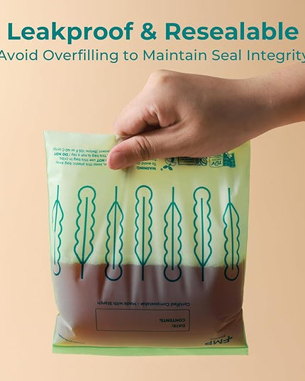 Fit Meal Prep 50 Pack 100% Compostable Food Storage Bags, 7 x 8" Resealable Freezer Bags Quart Size for Meat, Fruits, Plant-Based Sandwich Bag, ASTM D6400, US BPI & EU OK Compost Certified