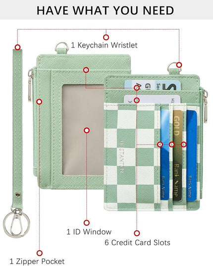 BOSTANTEN Small Wallet For Women RFID Leather Credit Card Holder Slim Wristlet Keychain Wallet With Zipper Pocket, Mint Green Checkered