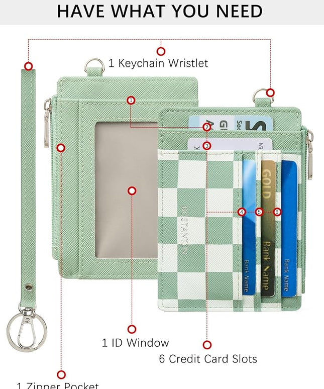 BOSTANTEN Small Wallet For Women RFID Leather Credit Card Holder Slim Wristlet Keychain Wallet With Zipper Pocket, Mint Green Checkered