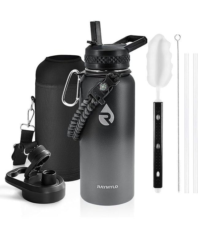 Insulated Water Bottle 32 oz, Triple Wall Vacuum Stainless Steel (Cold for 48 Hrs), Leak Proof & Non-BPA, Modern Water Flask Jug with Paracord Handle & Straw Spout Lids, Dark Grey