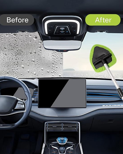 11pcs Windshield Cleaner Tool, Car Window Cleaning Wash Kit with 6 Reusable Microfiber Pads 2 Spray Bottles and Extendable Handles Auto Glass Wiper Kit, Green