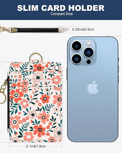 Slim Wallet Credit Card Holder, Orange Floral Print X, RFID Wallet Women Cute Small Front Pocket Wallet With Zipper, PU Leather Thin travel RFID Blocking Card Case ID Window,Ladies Gifts
