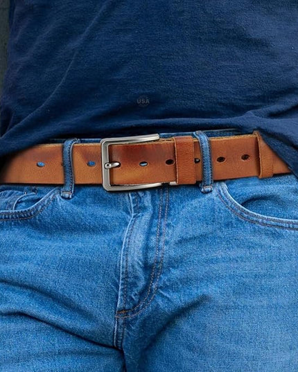 DOOPAI Men's Genuine Leather Casual Belt -Full Grain Leather Belt for Men- 1.5" Handmade Jeans Belt with Gift Box